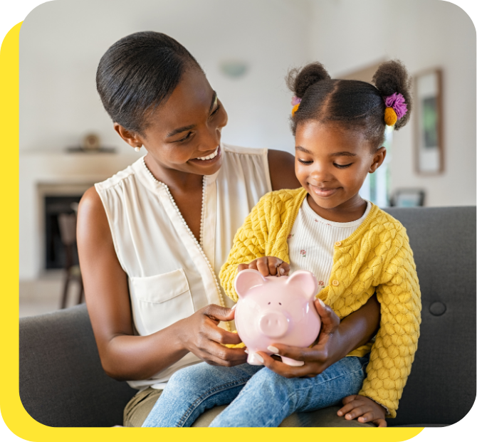Woman and child smiling while holding a piggy bank, symbolising planning with a goal savings calculator.