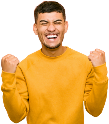 Man smiling and cheering, celebrating the rewards of a prize-linked savings account.