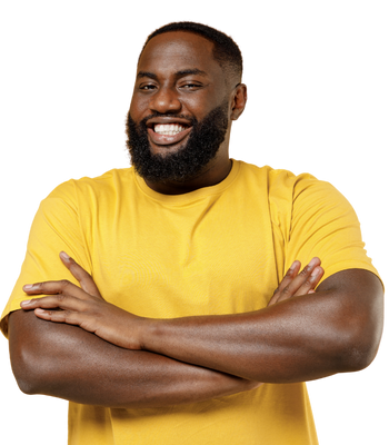 Man feeling confident about his financial planning with a goal savings calculator.