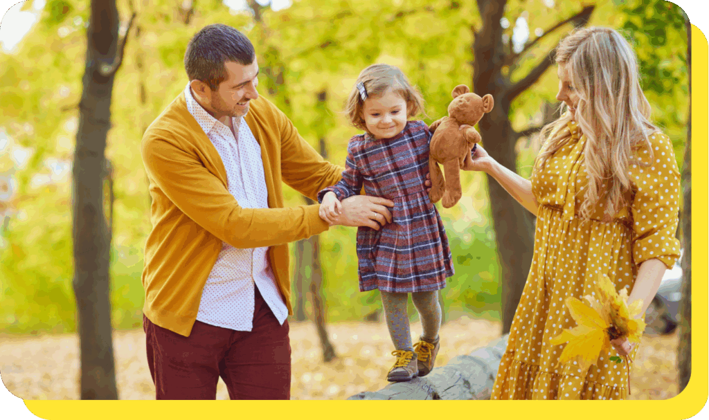 Happy family of three smiling together, representing financial security and trust as credit union members