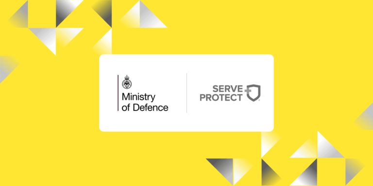 Ministry of Defence logo and Serve and Protect logo against a yellow background