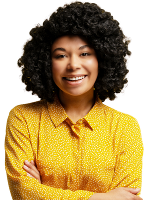 Smiling woman reviewing her account after receiving competitive savings rates from her credit union.