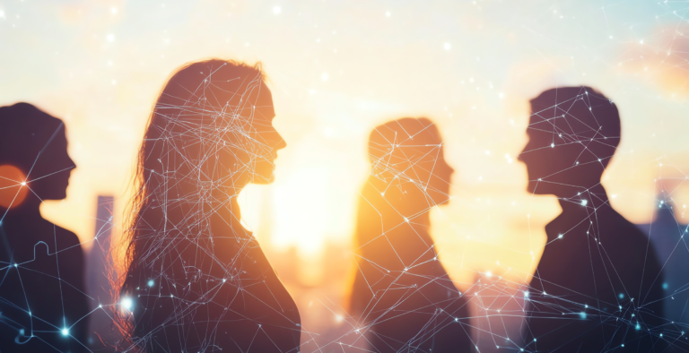 Silhouettes of professionals connected by a glowing digital network against a sunset, representing a united approach to employee financial wellbeing.