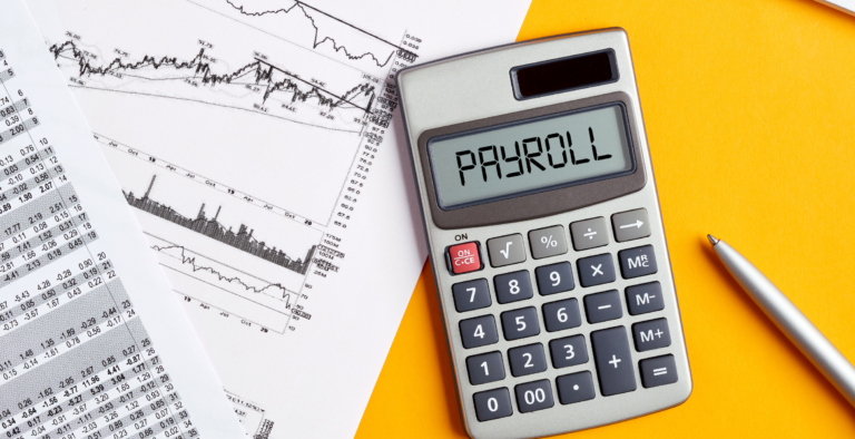 Calculator displaying the word 'PAYROLL' on top of financial chart documents to represent CNTW payroll savings.